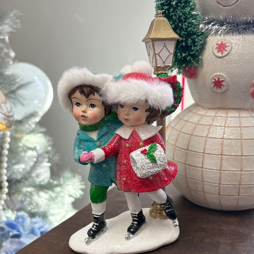 Holiday Ice Skating Children Figurine - Red & Teal Christmas Decor